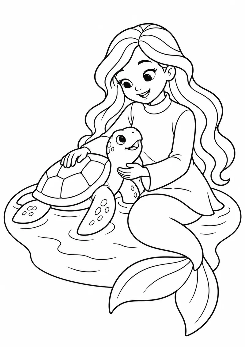 Sereia cuidando de uma tartaruga para colorir