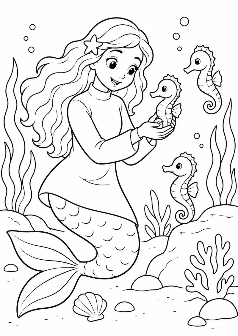 Sereia cuidando de cavalos-marinhos para colorir