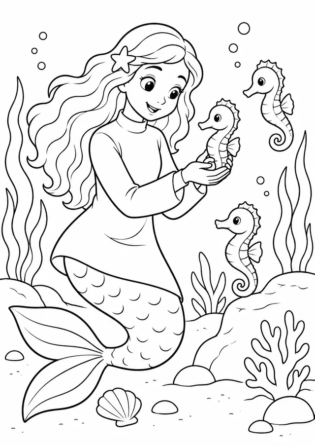 Sereia cuidando de cavalos-marinhos para colorir