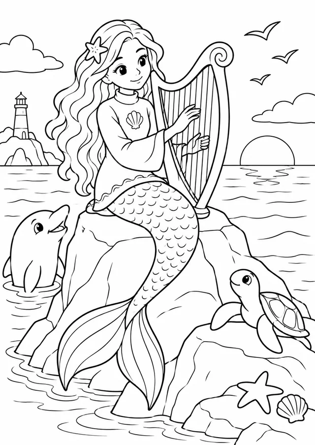 Sereia tocando harpa numa rocha para colorir