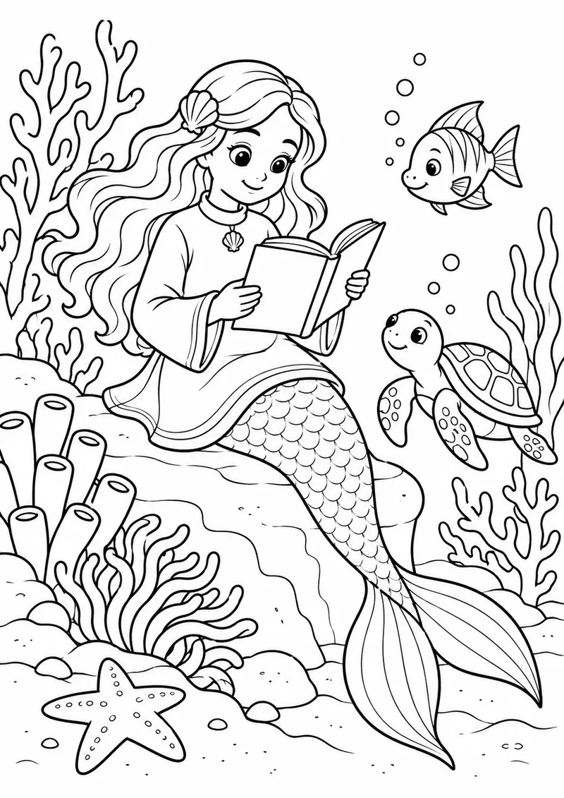 Sereia lendo entre corais para colorir