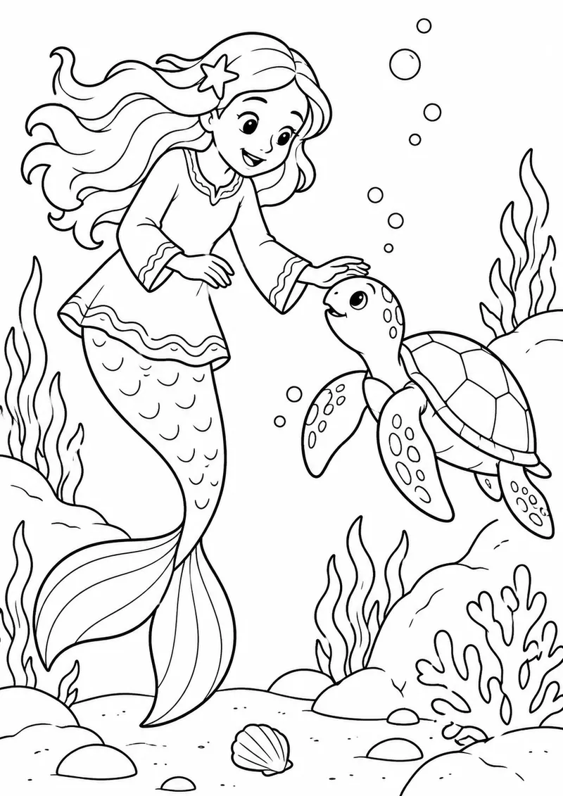 Sereia encontrando uma tartaruga para colorir