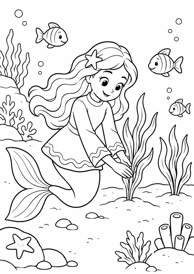 Sereia plantando algas para colorir