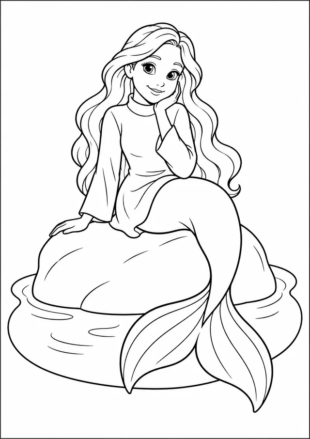 Sereia descansando numa pedra lisa para colorir
