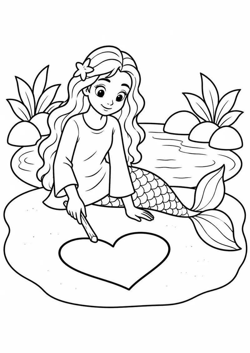 Sereia desenhando na areia para colorir