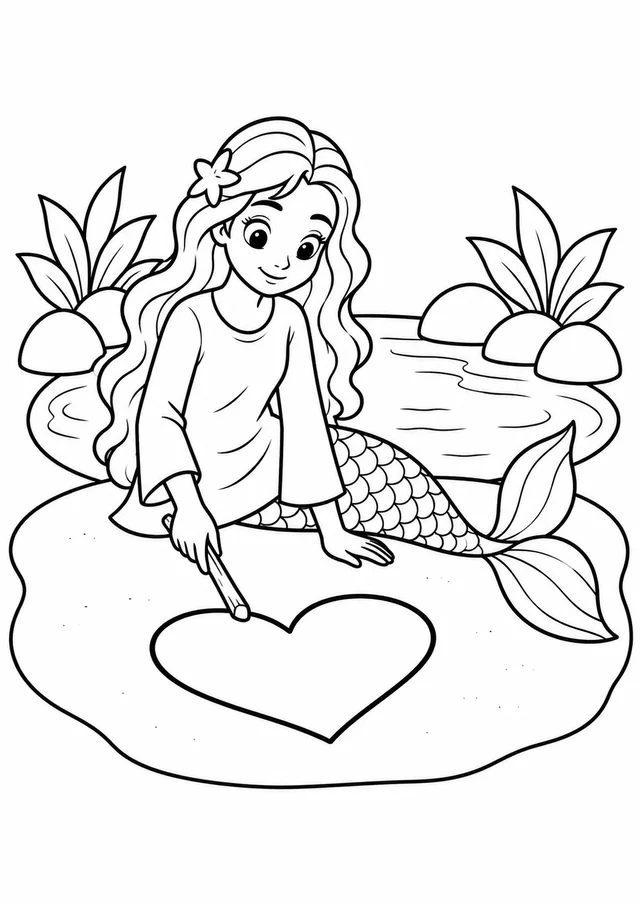 Sereia desenhando na areia para colorir