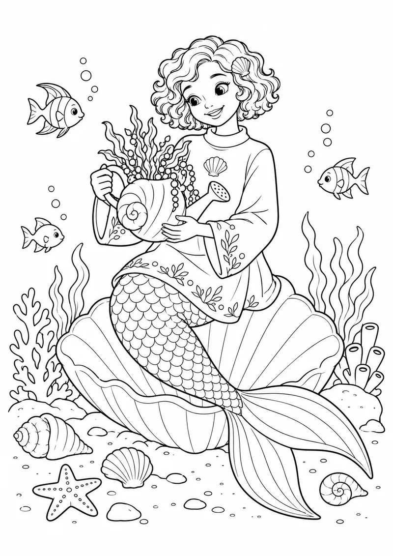 Sereia e a concha gigante para colorir