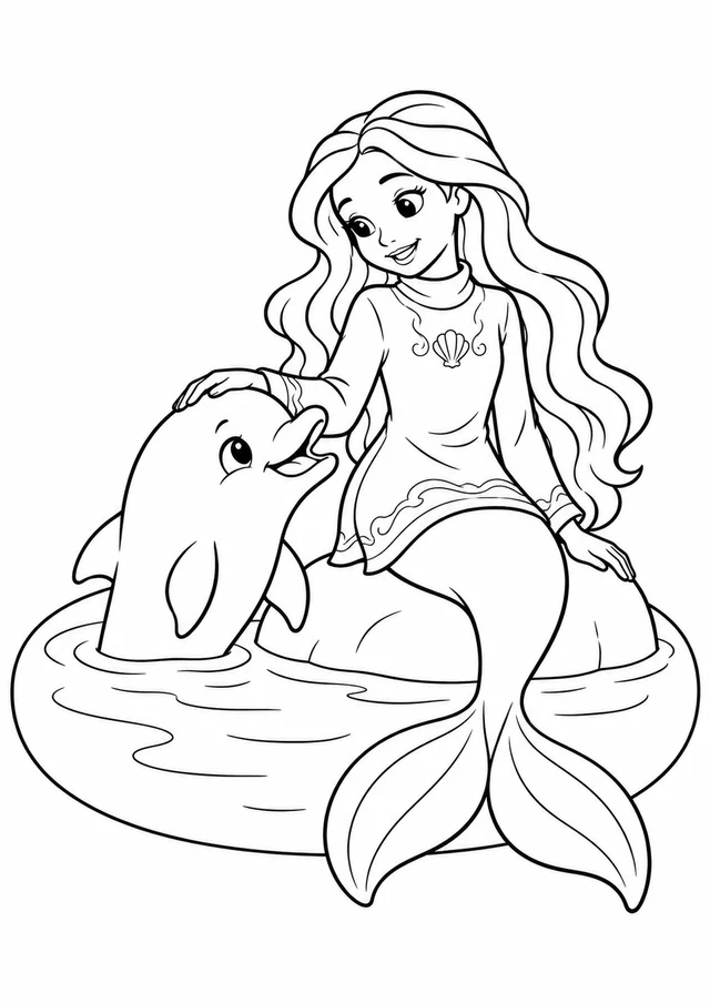 Sereia e filhote de golfinho para colorir