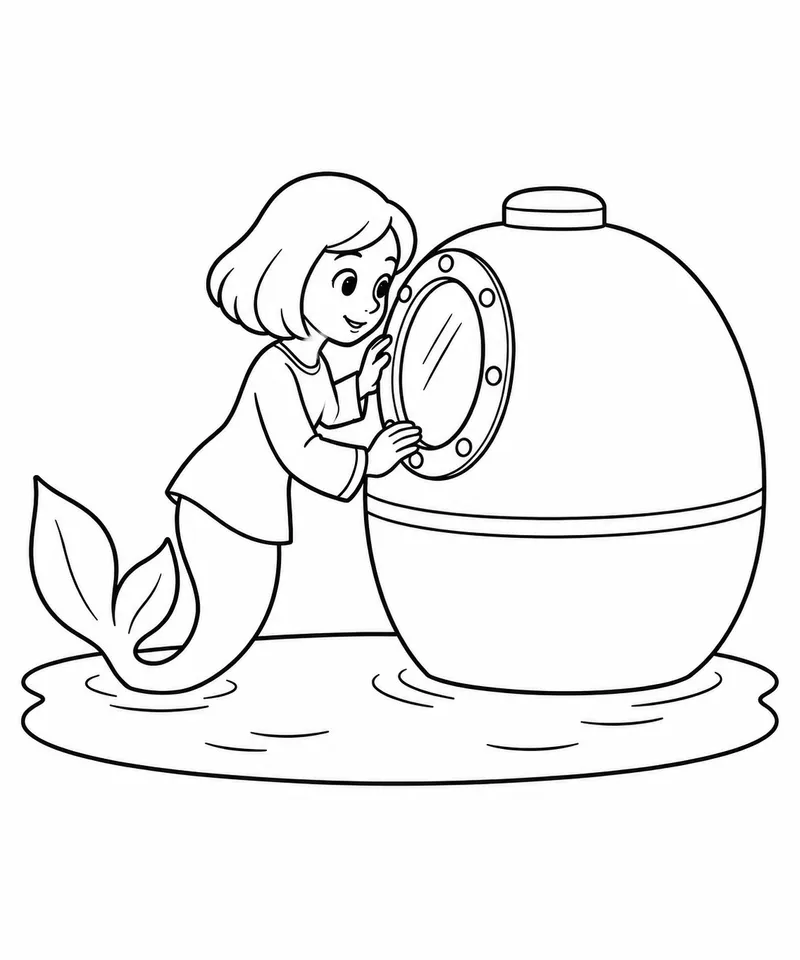 Sereia espiando pela janela de um barco para colorir