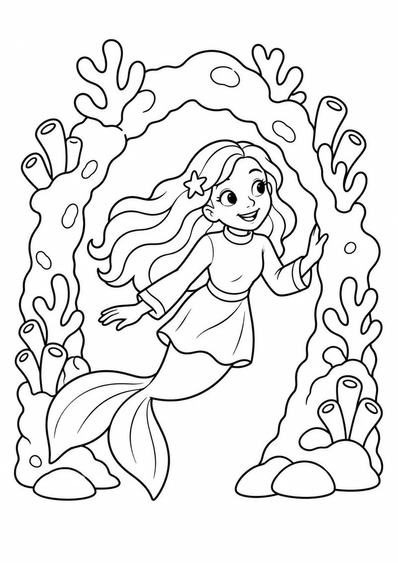 Sereia explorando um arco de coral para colorir