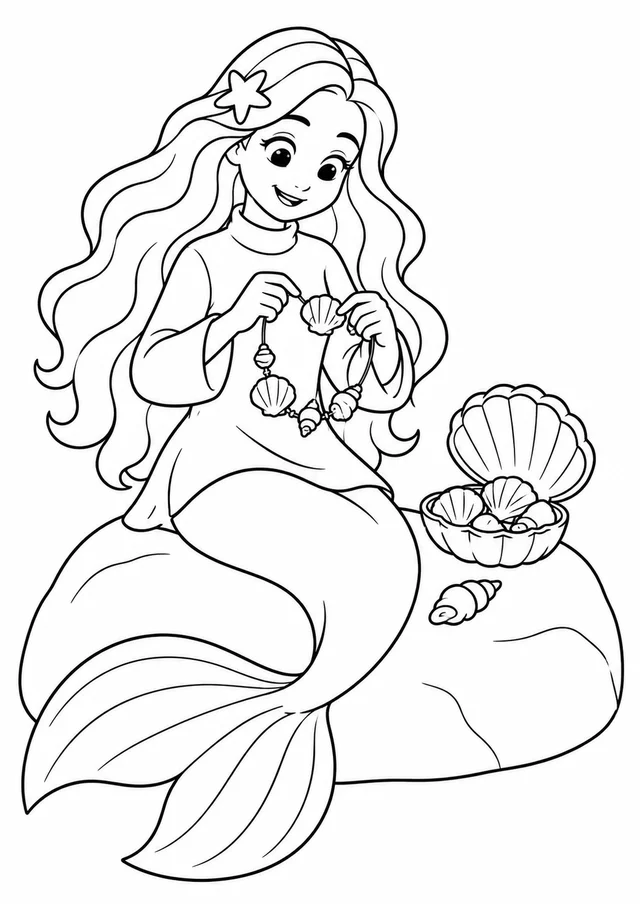 Sereia fazendo um colar de conchas para colorir