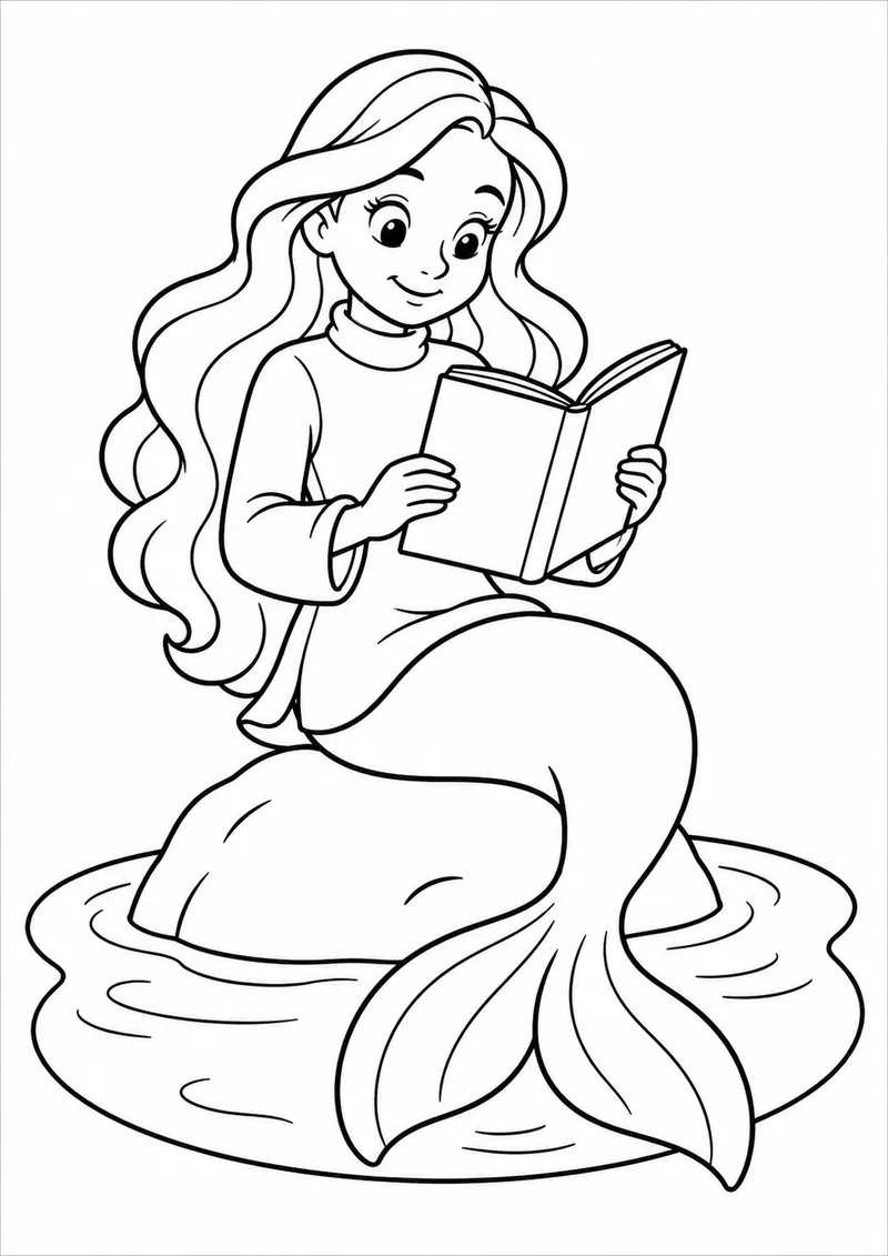 Sereia lendo um livro impermeável para colorir