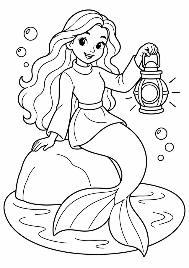 Sereia levando uma lanterna submarina para colorir