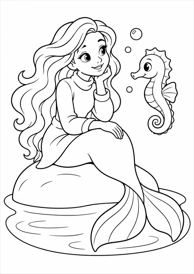 Sereia observando um cavalo-marinho para colorir
