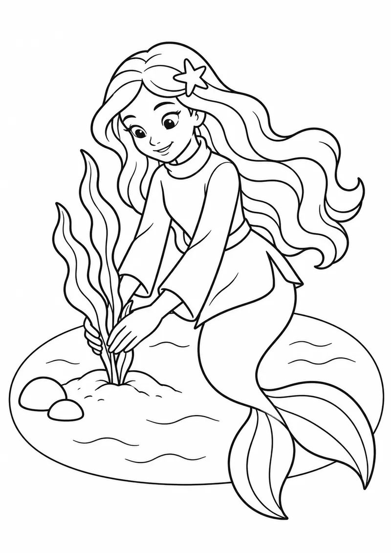 Sereia plantando uma alga para colorir