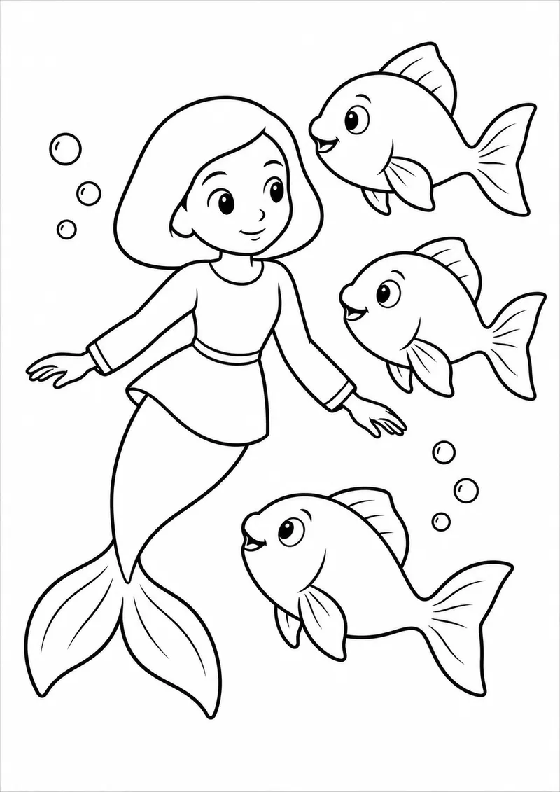 Sereia seguindo um cardume para colorir