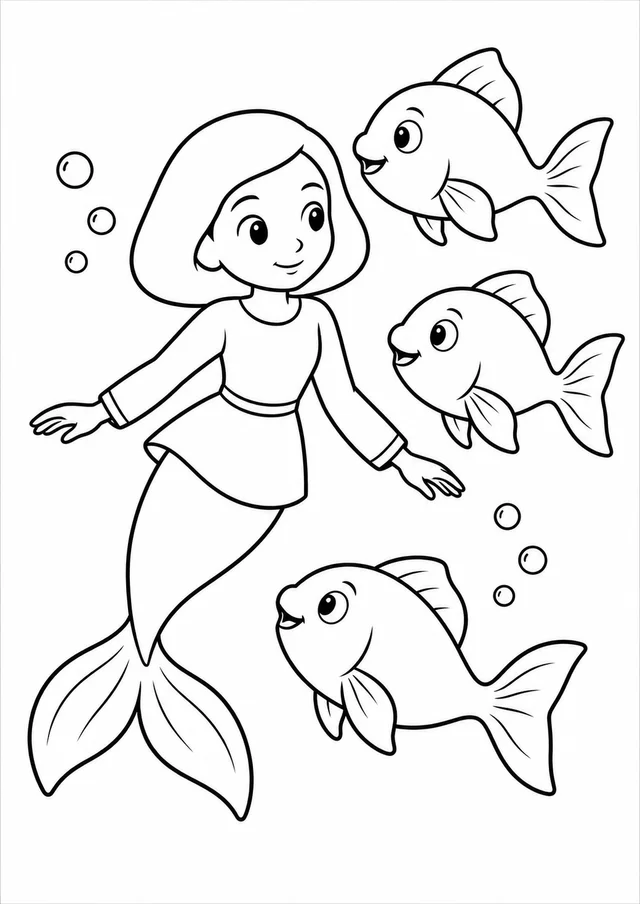 Sereia seguindo um cardume para colorir