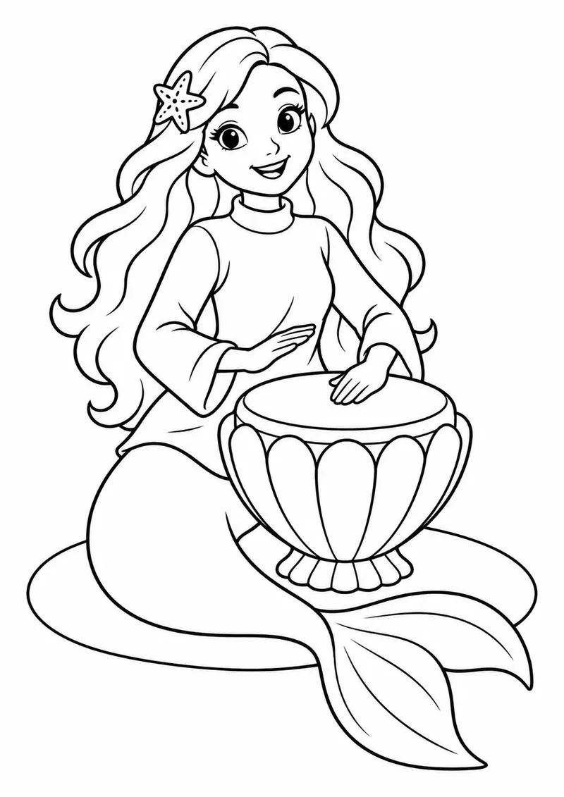 Sereia tocando um tambor de concha para colorir