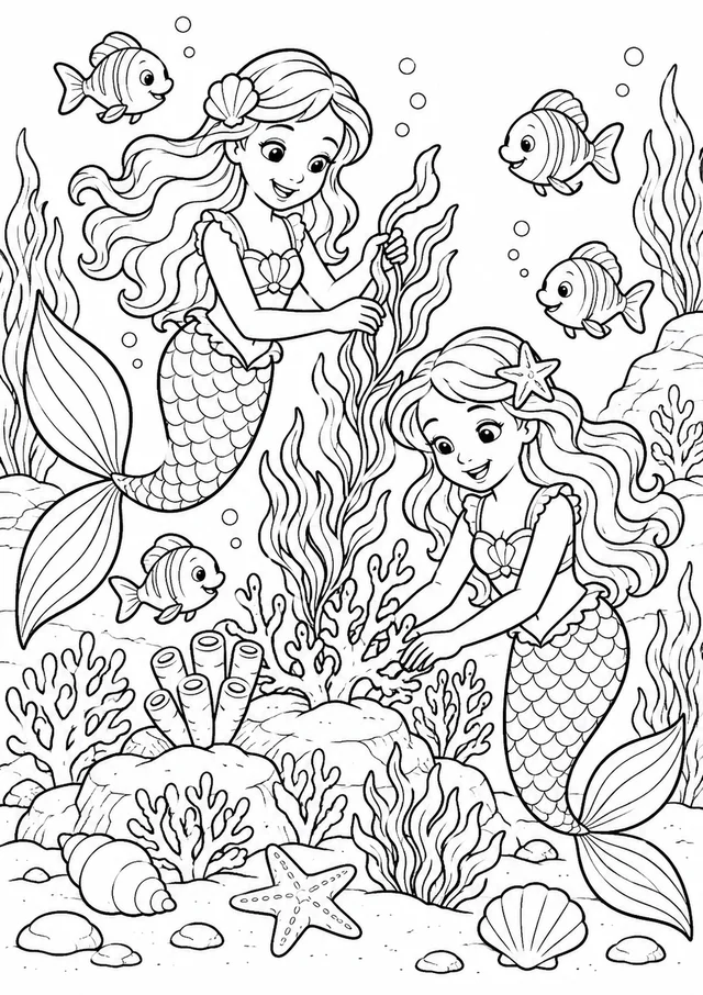 Sereias no jardim marinho para colorir