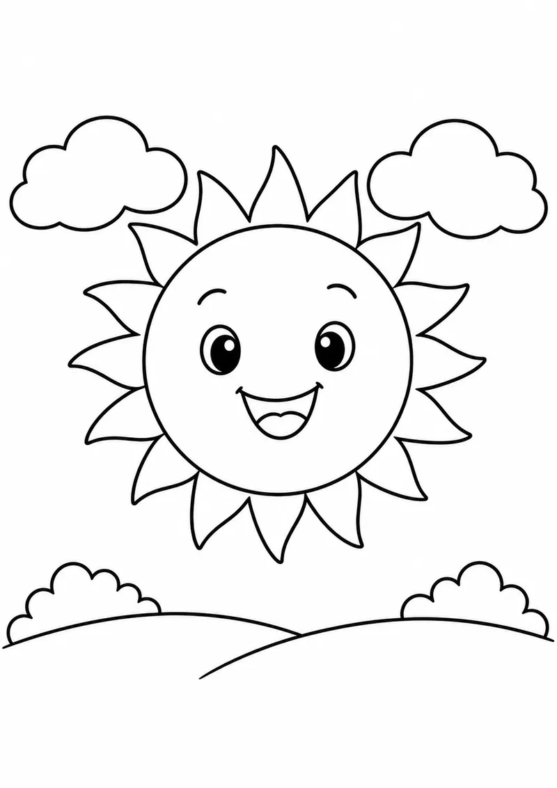 Sol grande entre duas nuvens para colorir