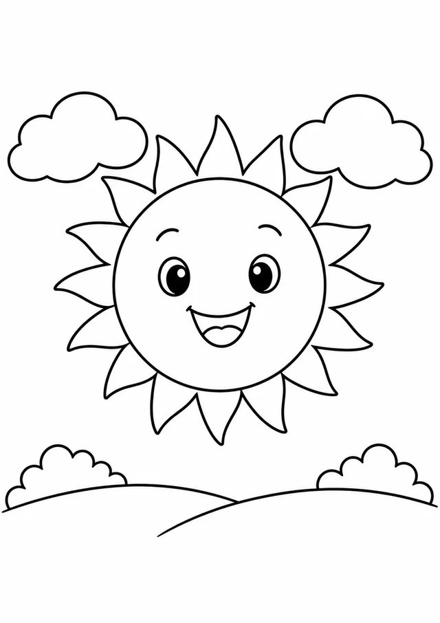 Sol grande entre duas nuvens para colorir