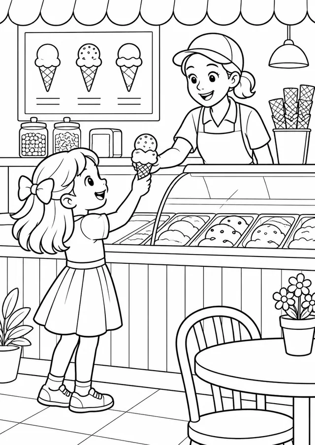 Sorveteria com balcão e casquinhas para colorir
