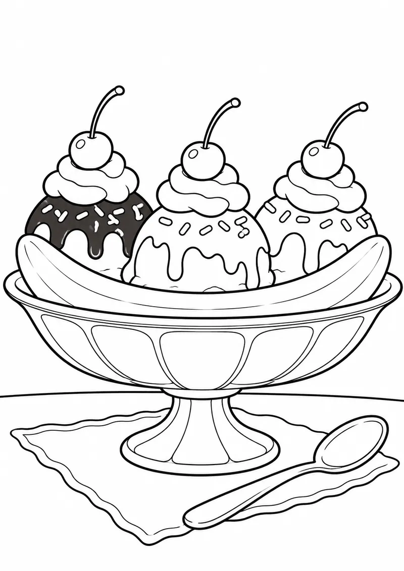 Taça de banana split com cerejas para colorir
