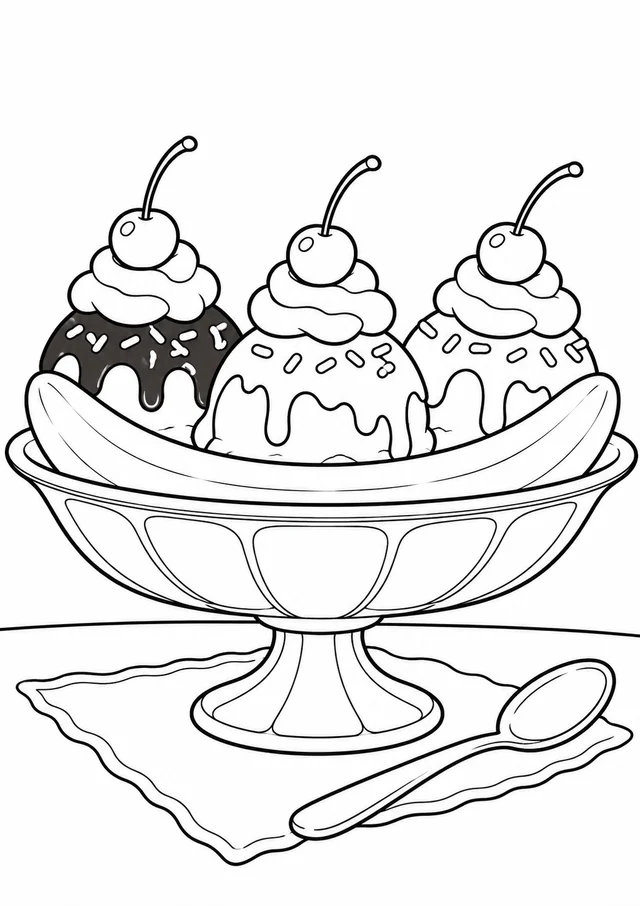 Taça de banana split com cerejas para colorir