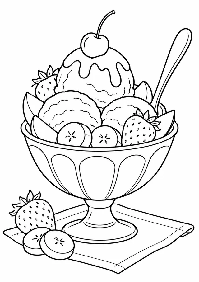 Taça de sorvete com frutas e colher para colorir