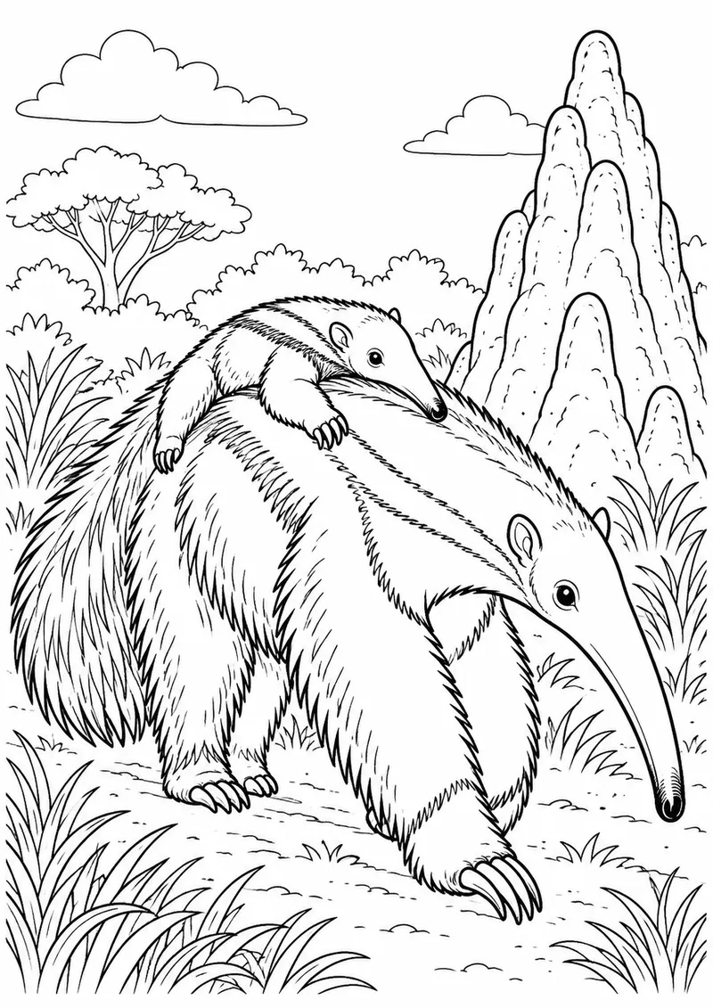 Tamanduá e seu filhote para colorir