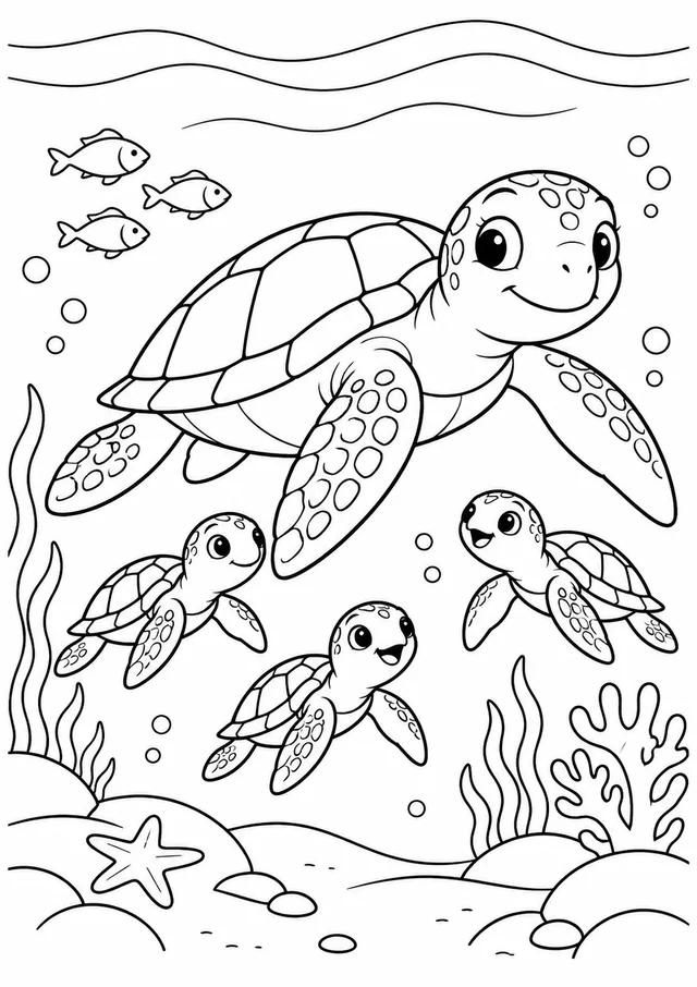 Tartaruga marinha com filhotes para colorir