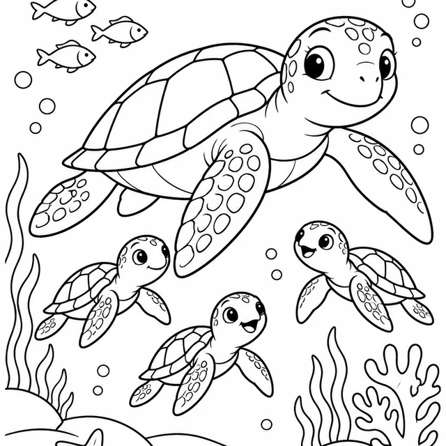 Tartaruga marinha com filhotes para colorir