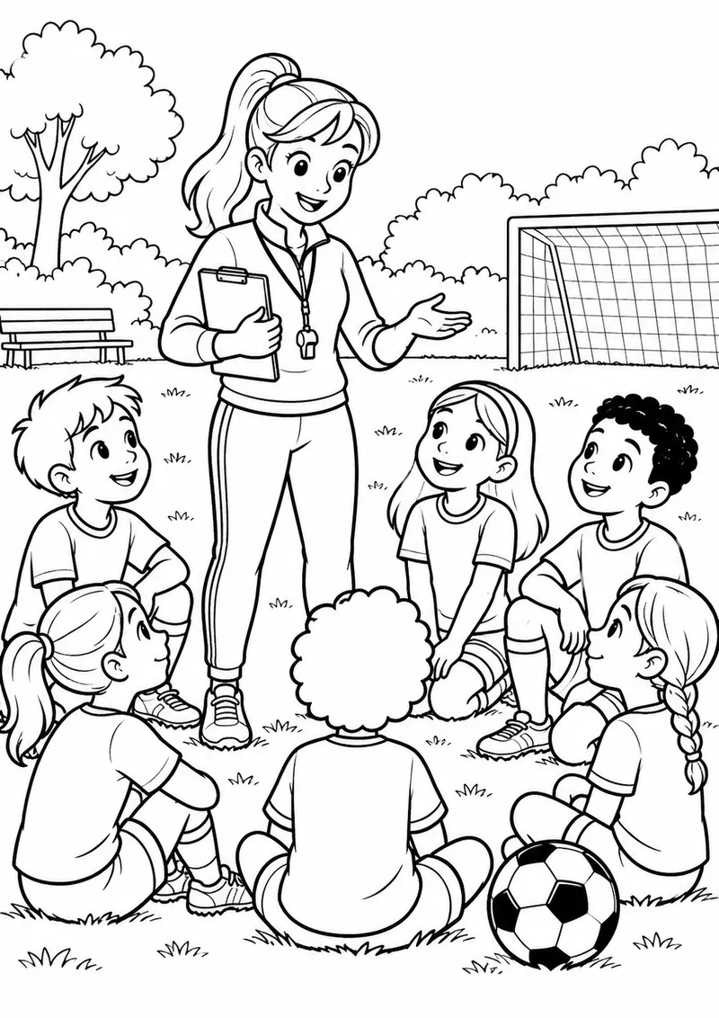 Time infantil reunido com a treinadora para colorir