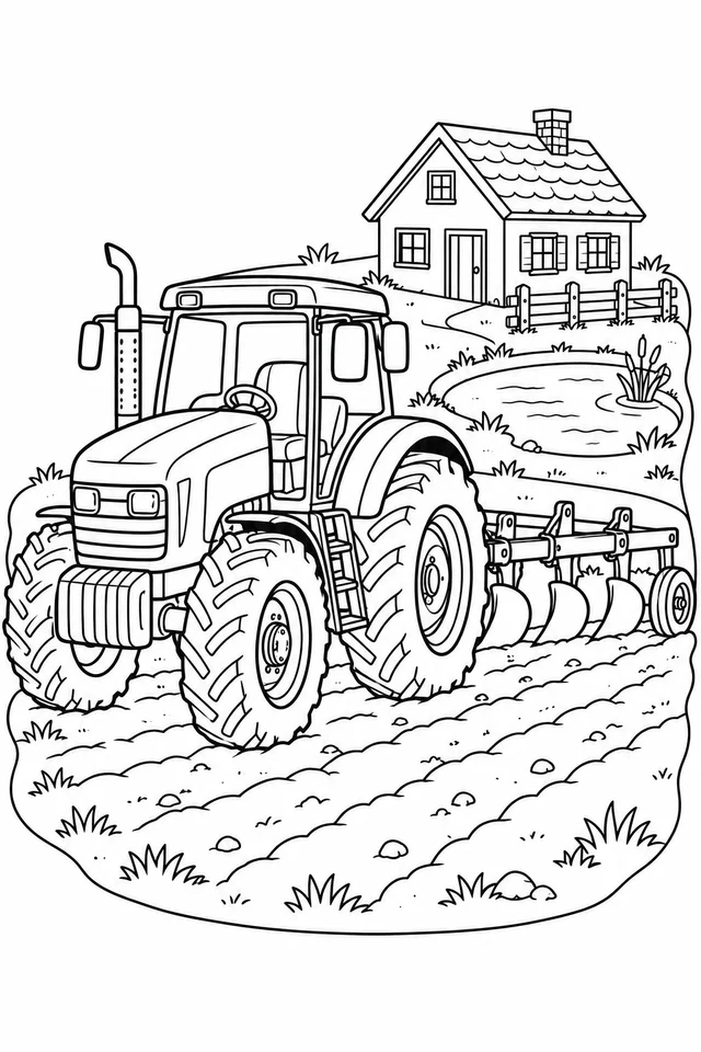 Trator com arado e casa da fazenda para colorir