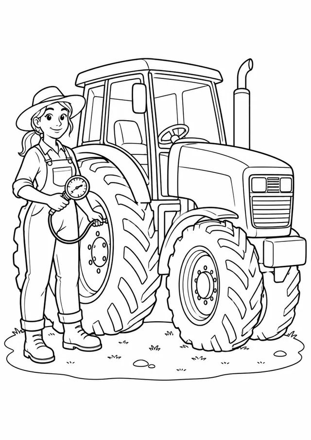 Trator e agricultora cuidando do pneu para colorir
