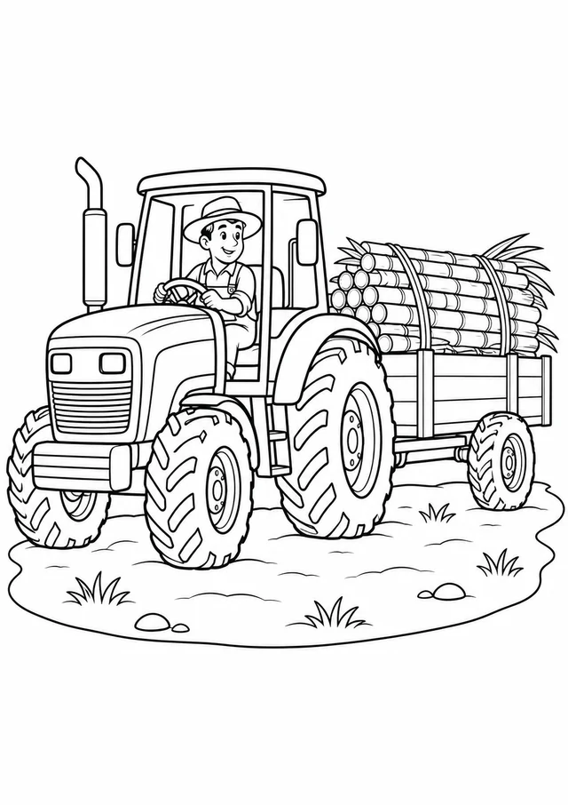 Trator levando cana na carreta para colorir