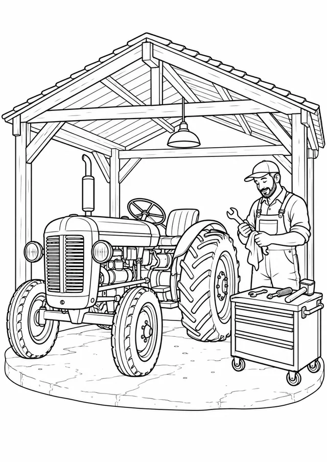 Trator na oficina rural para colorir