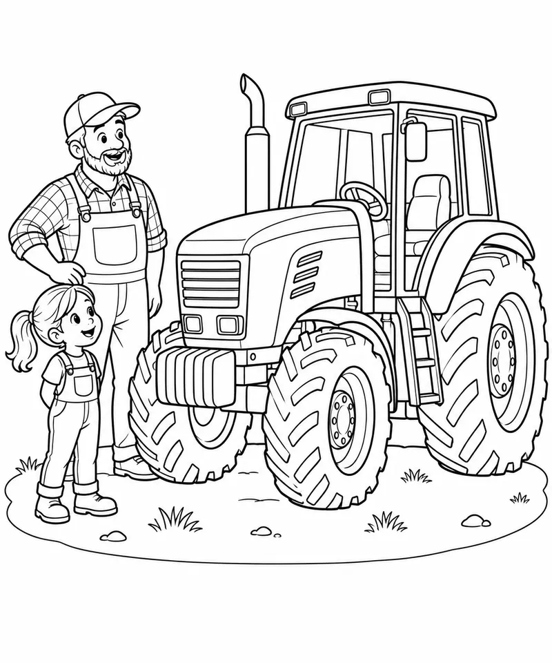 Trator parado com pai e filha para colorir