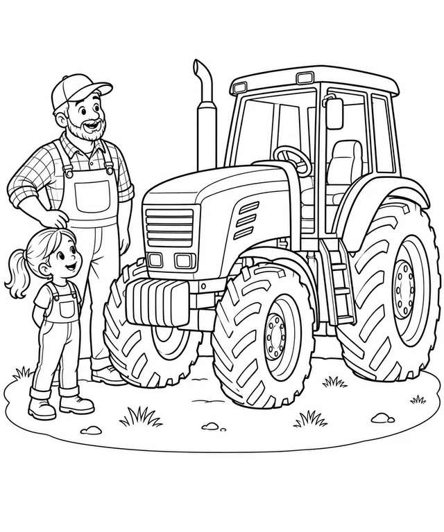Trator parado com pai e filha para colorir