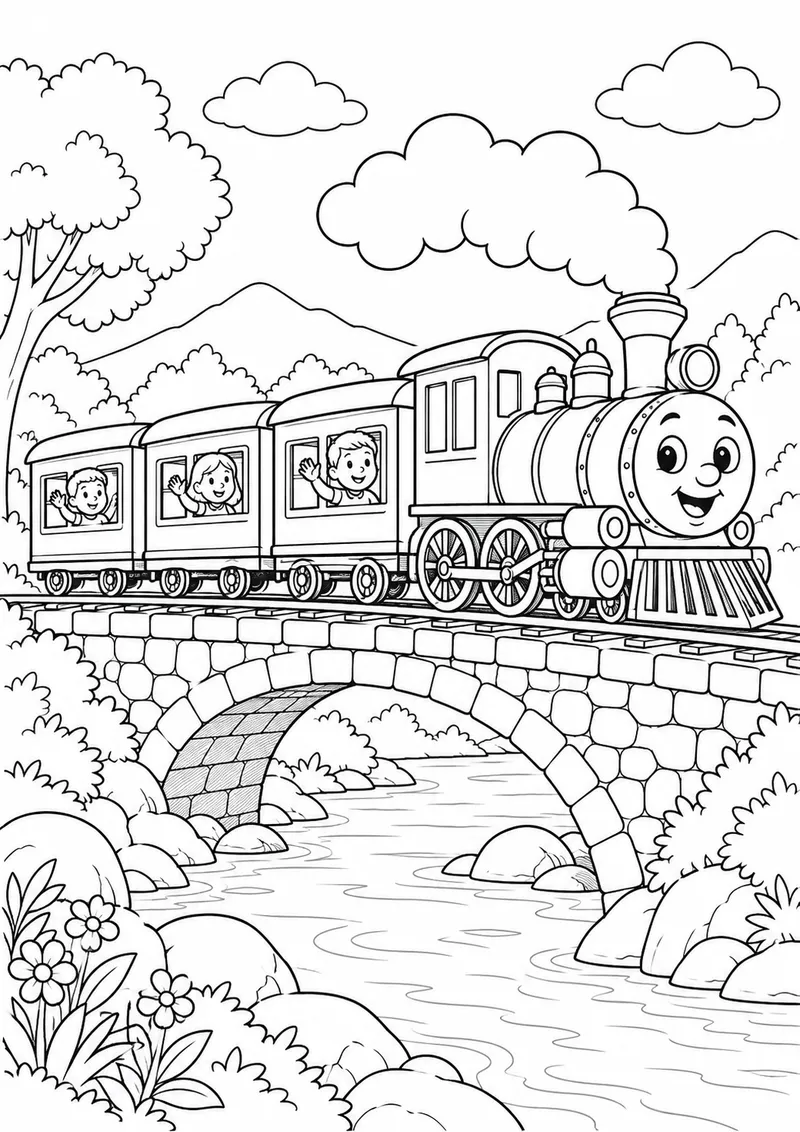 Trem atravessando a ponte para colorir