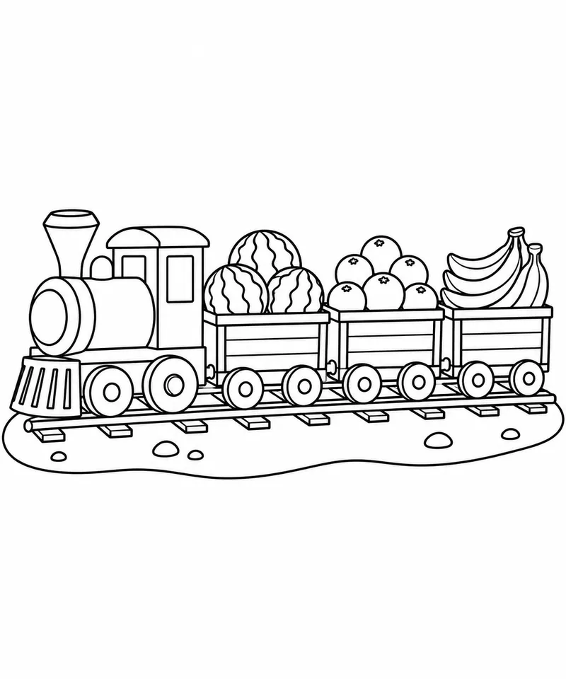 Trem de carga com vagões de frutas para colorir