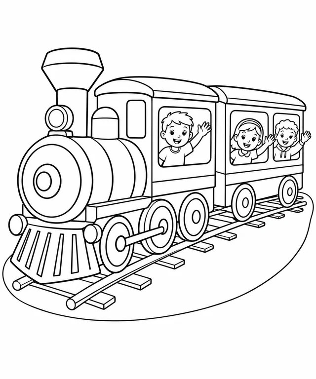Trem de passageiros com crianças acenando para colorir