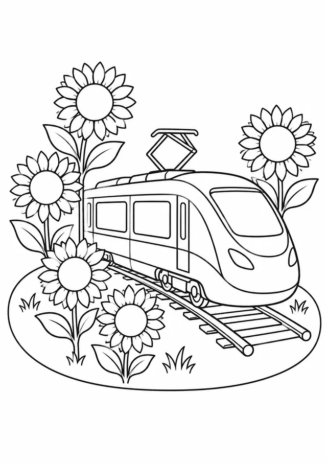 Trem elétrico entre girassóis para colorir