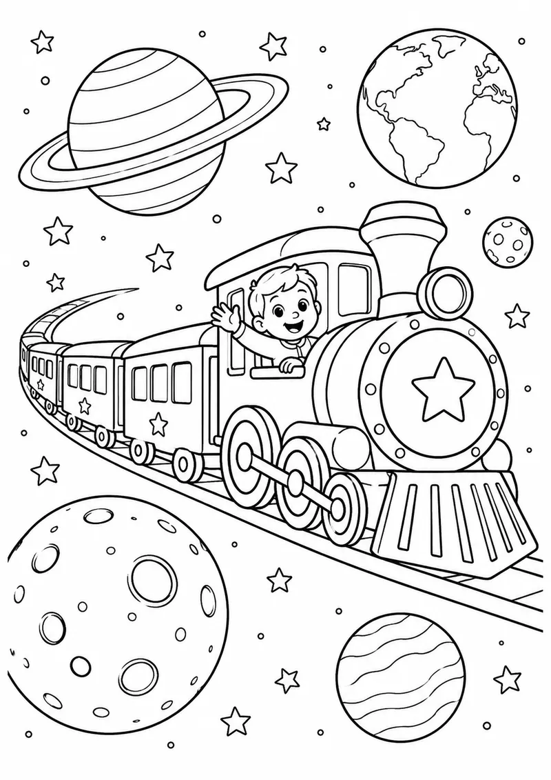 Trem imaginário passando entre planetas para colorir