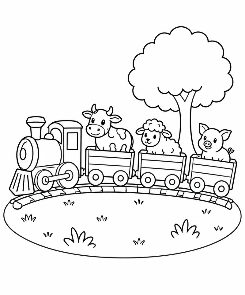 Trenzinho levando animais da fazenda para colorir