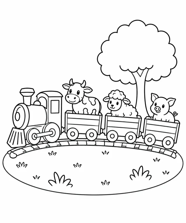 Trenzinho levando animais da fazenda para colorir