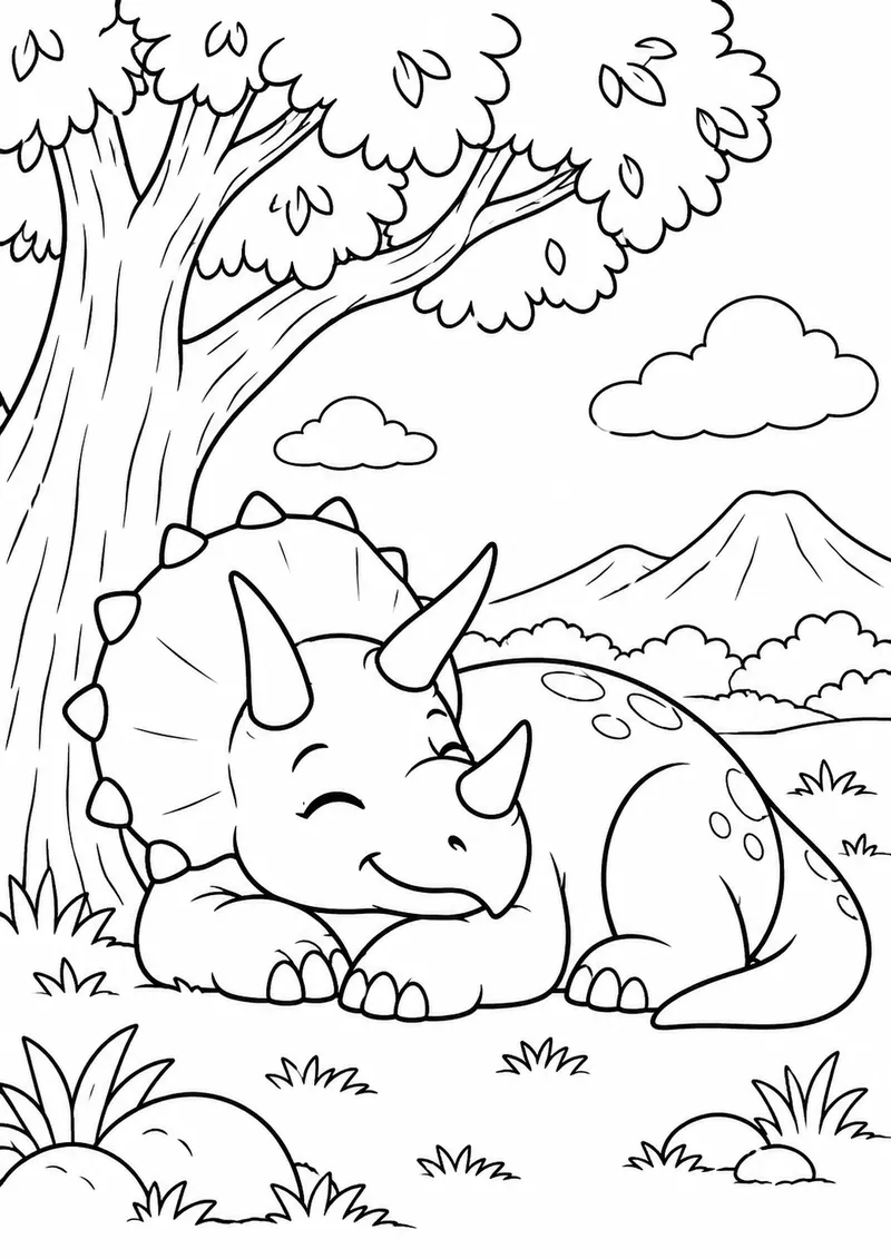 Tricerátopo descansando sob uma árvore para colorir