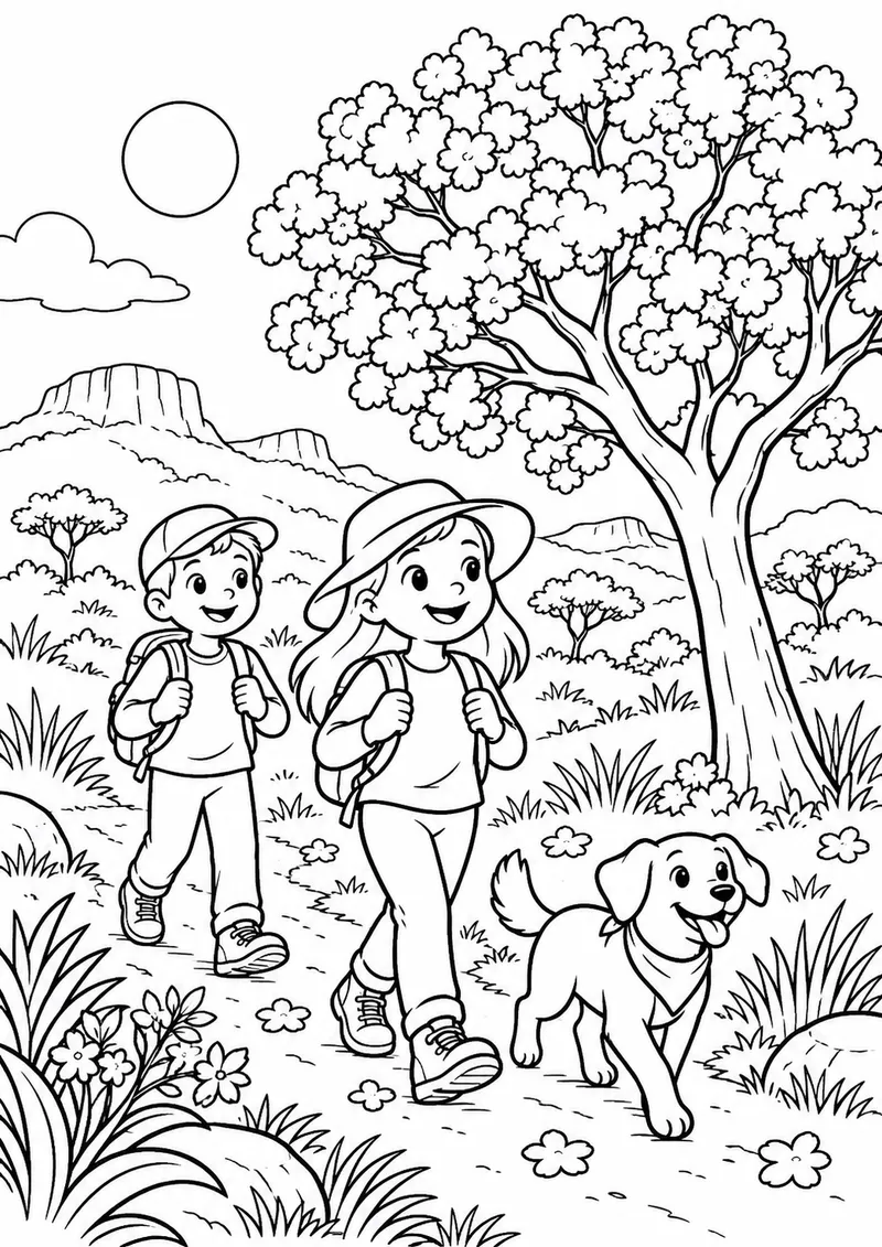 Trilha no cerrado com ipê florido para colorir