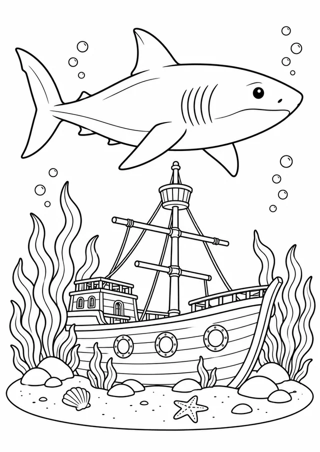 Tubarão perto do navio afundado para colorir