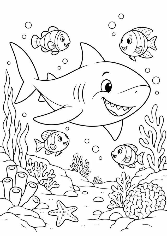 Tubarão tranquilo e peixinhos no recife para colorir